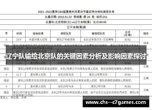 辽宁队输给北京队的关键因素分析及影响因素探讨