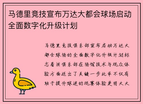 马德里竞技宣布万达大都会球场启动全面数字化升级计划